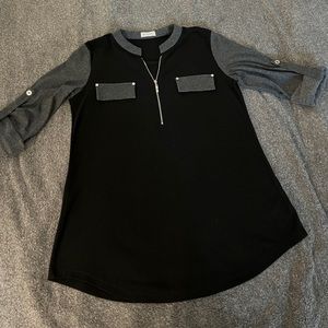 Bulotus Grey Sleeved Black Blouse with Silver Zipper